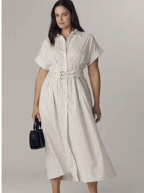 Anthropologie 2X Tobie Shirt Dress Double Buckle Pinstripes Pockets by Exquise
